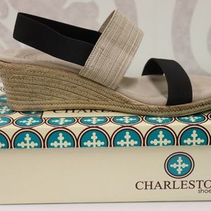 Charleston Shoe Co Cooper Wedge Black Linen NWT